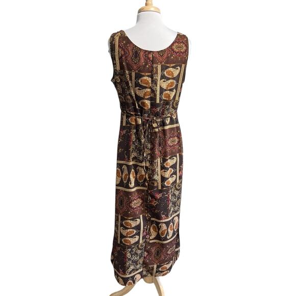 RK ORIGINALS 90s y2K Brown Fall Whimsy Print Maxi Sleeveless Tie Back Dress 14 - Picture 4 of 5
